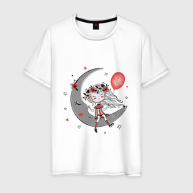 Мужская футболка хлопок с принтом GIRL ON THE MOON в Тюмени, 100% хлопок | прямой крой, круглый вырез горловины, длина до линии бедер, слегка спущенное плечо. | Тематика изображения на принте: воздушный шарик | девочка | девушка | звезды | луна | романтика