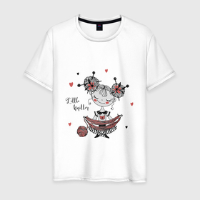 Мужская футболка хлопок с принтом THE LITTLE KNITTER в Санкт-Петербурге, 100% хлопок | прямой крой, круглый вырез горловины, длина до линии бедер, слегка спущенное плечо. | вязальщица | девочка | девушка | пряжа | сердечки | цветы