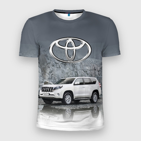 Мужская футболка 3D Slim с принтом Toyota Land Cruiser на фоне скалы в Новосибирске, 100% полиэстер с улучшенными характеристиками | приталенный силуэт, круглая горловина, широкие плечи, сужается к линии бедра | car | off road vehicle | rock | toyota | автомобиль | внедорожник | скала | тойота