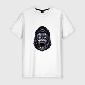 Мужская футболка хлопок Slim с принтом PREDATORY GORILLA в Санкт-Петербурге, 92% хлопок, 8% лайкра | приталенный силуэт, круглый вырез ворота, длина до линии бедра, короткий рукав | горилла | джунгли | животное | кинг конг | примат | хищник