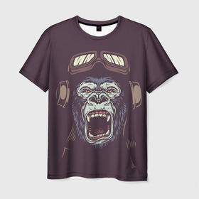 Мужская футболка 3D с принтом Орущая горилла в Петрозаводске, 100% полиэфир | прямой крой, круглый вырез горловины, длина до линии бедер | голова гориллы | горилла | животное | обезьяна | пилот | примат