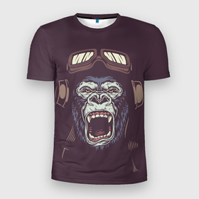 Мужская футболка 3D Slim с принтом Орущая горилла в Петрозаводске, 100% полиэстер с улучшенными характеристиками | приталенный силуэт, круглая горловина, широкие плечи, сужается к линии бедра | голова гориллы | горилла | животное | обезьяна | пилот | примат