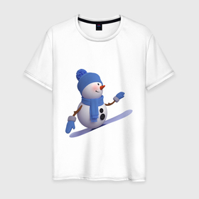 Мужская футболка хлопок с принтом SNOWMAN ON A SNOWBOARD в Тюмени, 100% хлопок | прямой крой, круглый вырез горловины, длина до линии бедер, слегка спущенное плечо. | варежки | зима | снег | сноуборд | спорт | шапка | шарф
