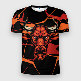 Мужская футболка 3D Slim с принтом Голова красного быка в Белгороде, 100% полиэстер с улучшенными характеристиками | приталенный силуэт, круглая горловина, широкие плечи, сужается к линии бедра | Тематика изображения на принте: red bull | бык | животное | красный | рога | рогатый | ярость