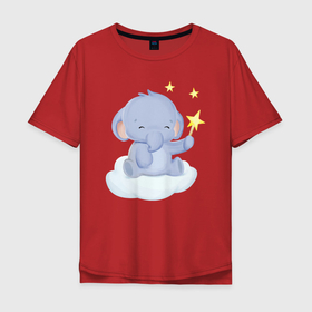 Мужская футболка хлопок Oversize с принтом Милый Слонёнок Сидит На Облаке в Белгороде, 100% хлопок | свободный крой, круглый ворот, “спинка” длиннее передней части | Тематика изображения на принте: animals | beast | cute | животные | звери | милый | облако | слон | слонёнок