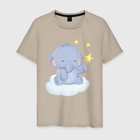 Мужская футболка хлопок с принтом Милый Слонёнок Сидит На Облаке в Белгороде, 100% хлопок | прямой крой, круглый вырез горловины, длина до линии бедер, слегка спущенное плечо. | Тематика изображения на принте: animals | beast | cute | животные | звери | милый | облако | слон | слонёнок