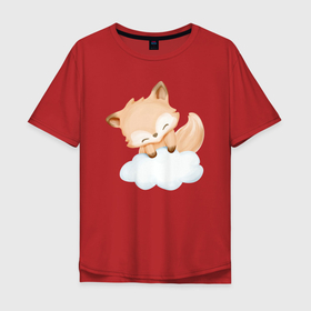Мужская футболка хлопок Oversize с принтом Милый Лисёнок Сидит На Облачке в Новосибирске, 100% хлопок | свободный крой, круглый ворот, “спинка” длиннее передней части | Тематика изображения на принте: animals | beast | cute | fox | животные | звери | лиса | лисёнок | милый | облако