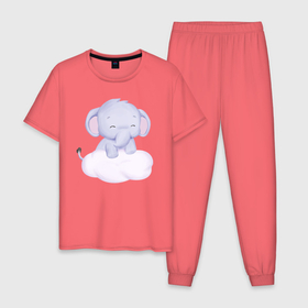 Мужская пижама хлопок с принтом Милый Слонёнок Стоит На Облаке в Санкт-Петербурге, 100% хлопок | брюки и футболка прямого кроя, без карманов, на брюках мягкая резинка на поясе и по низу штанин
 | animals | beast | cute | животные | звери | милый | облако | слон | слонёнок