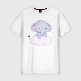 Мужская футболка хлопок Slim с принтом Милый Слонёнок Стоит На Облаке в Курске, 92% хлопок, 8% лайкра | приталенный силуэт, круглый вырез ворота, длина до линии бедра, короткий рукав | animals | beast | cute | животные | звери | милый | облако | слон | слонёнок