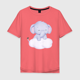 Мужская футболка хлопок Oversize с принтом Милый Слонёнок Стоит На Облаке в Белгороде, 100% хлопок | свободный крой, круглый ворот, “спинка” длиннее передней части | Тематика изображения на принте: animals | beast | cute | животные | звери | милый | облако | слон | слонёнок