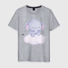 Мужская футболка хлопок с принтом Милый Слонёнок Стоит На Облаке в Санкт-Петербурге, 100% хлопок | прямой крой, круглый вырез горловины, длина до линии бедер, слегка спущенное плечо. | animals | beast | cute | животные | звери | милый | облако | слон | слонёнок