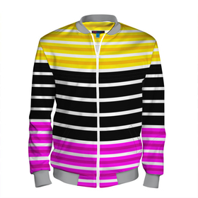 Мужской бомбер 3D с принтом Желтые розовые и черные полосы на белом в Санкт-Петербурге, 100% полиэстер | застегивается на молнию, по бокам два кармана без застежек, по низу бомбера и на воротнике - эластичная резинка | Тематика изображения на принте: black stripes | pink stripes | stripes | yellow | желтый | полосатый узор | розовый | черные полосы