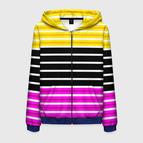 Мужская толстовка 3D на молнии с принтом Желтые розовые и черные полосы на белом , 100% полиэстер | длина до линии бедра, манжеты и пояс оформлены мягкой тканевой резинкой, двухслойный капюшон со шнурком для регулировки, спереди молния, по бокам два кармана | black stripes | pink stripes | stripes | yellow | желтый | полосатый узор | розовый | черные полосы