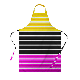 Фартук 3D с принтом Желтые розовые и черные полосы на белом в Екатеринбурге, 100% полиэстер | общий размер — 65 х 85 см, ширина нагрудника — 26 см, горловина — 53 см, длина завязок — 54 см, общий обхват в поясе — 173 см. Принт на завязках и на горловине наносится с двух сторон, на основной части фартука — только с внешней стороны | black stripes | pink stripes | stripes | yellow | желтый | полосатый узор | розовый | черные полосы
