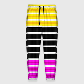 Мужские брюки 3D с принтом Желтые розовые и черные полосы на белом в Кировске, 100% полиэстер | манжеты по низу, эластичный пояс регулируется шнурком, по бокам два кармана без застежек, внутренняя часть кармана из мелкой сетки | black stripes | pink stripes | stripes | yellow | желтый | полосатый узор | розовый | черные полосы