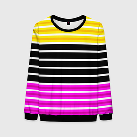Мужской свитшот 3D с принтом Желтые розовые и черные полосы на белом в Екатеринбурге, 100% полиэстер с мягким внутренним слоем | круглый вырез горловины, мягкая резинка на манжетах и поясе, свободная посадка по фигуре | black stripes | pink stripes | stripes | yellow | желтый | полосатый узор | розовый | черные полосы