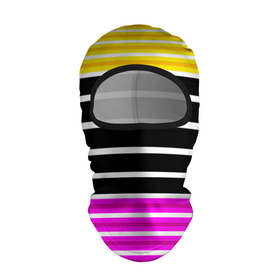 Балаклава 3D с принтом Желтые розовые и черные полосы на белом в Кировске, 100% полиэстер, ткань с особыми свойствами — Activecool | плотность 150–180 г/м2; хорошо тянется, но при этом сохраняет форму. Закрывает шею, вокруг отверстия для глаз кайма. Единый размер | black stripes | pink stripes | stripes | yellow | желтый | полосатый узор | розовый | черные полосы