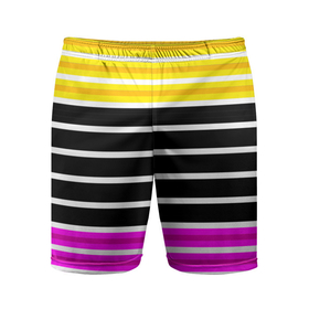 Мужские шорты спортивные с принтом Желтые розовые и черные полосы на белом в Петрозаводске,  |  | black stripes | pink stripes | stripes | yellow | желтый | полосатый узор | розовый | черные полосы