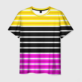 Мужская футболка 3D с принтом Желтые розовые и черные полосы на белом в Белгороде, 100% полиэфир | прямой крой, круглый вырез горловины, длина до линии бедер | black stripes | pink stripes | stripes | yellow | желтый | полосатый узор | розовый | черные полосы