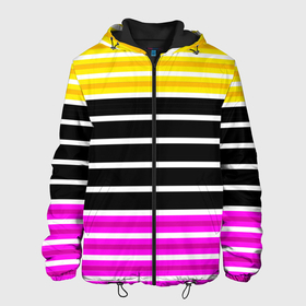 Мужская куртка 3D с принтом Желтые розовые и черные полосы на белом , ткань верха — 100% полиэстер, подклад — флис | прямой крой, подол и капюшон оформлены резинкой с фиксаторами, два кармана без застежек по бокам, один большой потайной карман на груди. Карман на груди застегивается на липучку | black stripes | pink stripes | stripes | yellow | желтый | полосатый узор | розовый | черные полосы