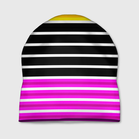 Шапка 3D с принтом Желтые розовые и черные полосы на белом в Новосибирске, 100% полиэстер | универсальный размер, печать по всей поверхности изделия | black stripes | pink stripes | stripes | yellow | желтый | полосатый узор | розовый | черные полосы