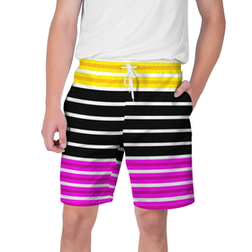 Мужские шорты 3D с принтом Желтые розовые и черные полосы на белом в Белгороде,  полиэстер 100% | прямой крой, два кармана без застежек по бокам. Мягкая трикотажная резинка на поясе, внутри которой широкие завязки. Длина чуть выше колен | black stripes | pink stripes | stripes | yellow | желтый | полосатый узор | розовый | черные полосы