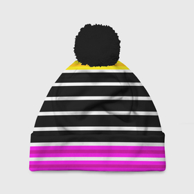 Шапка 3D c помпоном с принтом Желтые розовые и черные полосы на белом в Белгороде, 100% полиэстер | универсальный размер, печать по всей поверхности изделия | black stripes | pink stripes | stripes | yellow | желтый | полосатый узор | розовый | черные полосы