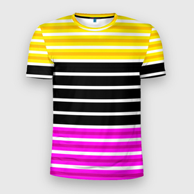Мужская футболка 3D Slim с принтом Желтые розовые и черные полосы на белом в Тюмени, 100% полиэстер с улучшенными характеристиками | приталенный силуэт, круглая горловина, широкие плечи, сужается к линии бедра | black stripes | pink stripes | stripes | yellow | желтый | полосатый узор | розовый | черные полосы