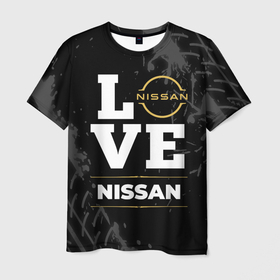 Мужская футболка 3D с принтом Nissan Love Classic со следами шин на фоне в Белгороде, 100% полиэфир | прямой крой, круглый вырез горловины, длина до линии бедер | Тематика изображения на принте: auto | brand | logo | love | nissan | symbol | авто | бренд | лого | ниссан | символ | следы | шины