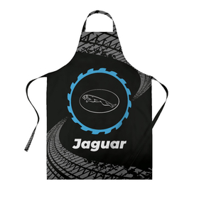 Фартук 3D с принтом Jaguar в стиле Top Gear со следами шин на фоне в Екатеринбурге, 100% полиэстер | общий размер — 65 х 85 см, ширина нагрудника — 26 см, горловина — 53 см, длина завязок — 54 см, общий обхват в поясе — 173 см. Принт на завязках и на горловине наносится с двух сторон, на основной части фартука — только с внешней стороны | auto | brand | gear | jaguar | logo | symbol | top | авто | бренд | гир | лого | символ | следы | топ | шин | шины | ягуар