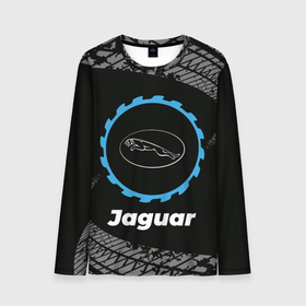 Мужской лонгслив 3D с принтом Jaguar в стиле Top Gear со следами шин на фоне в Белгороде, 100% полиэстер | длинные рукава, круглый вырез горловины, полуприлегающий силуэт | Тематика изображения на принте: auto | brand | gear | jaguar | logo | symbol | top | авто | бренд | гир | лого | символ | следы | топ | шин | шины | ягуар