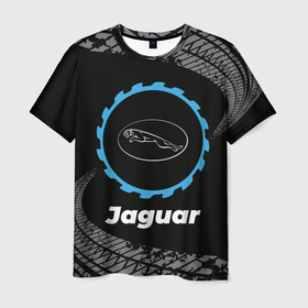 Мужская футболка 3D с принтом Jaguar в стиле Top Gear со следами шин на фоне в Петрозаводске, 100% полиэфир | прямой крой, круглый вырез горловины, длина до линии бедер | auto | brand | gear | jaguar | logo | symbol | top | авто | бренд | гир | лого | символ | следы | топ | шин | шины | ягуар