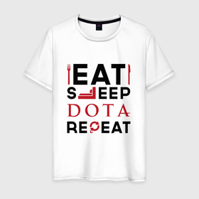 Мужская футболка хлопок с принтом Надпись: Eat Sleep Dota Repeat в Кировске, 100% хлопок | прямой крой, круглый вырез горловины, длина до линии бедер, слегка спущенное плечо. | dota | eat sleep repeat | logo | дота | игра | игры | лого | логотип | символ