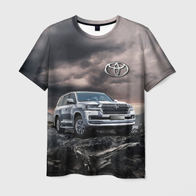 Мужская футболка 3D с принтом Toyota Land Cruiser 200 среди скал в Екатеринбурге, 100% полиэфир | прямой крой, круглый вырез горловины, длина до линии бедер | car | land cruiser | mountains | off road vehicle | rock | toyota | автомобиль | внедорожник | горы | скалы | тойота