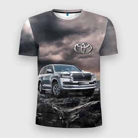 Мужская футболка 3D Slim с принтом Toyota Land Cruiser 200 среди скал в Новосибирске, 100% полиэстер с улучшенными характеристиками | приталенный силуэт, круглая горловина, широкие плечи, сужается к линии бедра | car | land cruiser | mountains | off road vehicle | rock | toyota | автомобиль | внедорожник | горы | скалы | тойота