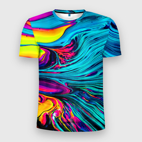 Мужская футболка 3D Slim с принтом Paint Wave , 100% полиэстер с улучшенными характеристиками | приталенный силуэт, круглая горловина, широкие плечи, сужается к линии бедра | абстракция | волны | жидкость | красивая | краска | красочная | линии | разноцветная | смешение цветов | яркая