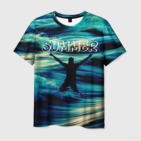 Мужская футболка 3D с принтом Summer dreams в Новосибирске, 100% полиэфир | прямой крой, круглый вырез горловины, длина до линии бедер | волны | лето | море | морской | прыжок | силуэт | шрифт комиксов