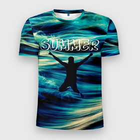 Мужская футболка 3D Slim с принтом Summer dreams в Санкт-Петербурге, 100% полиэстер с улучшенными характеристиками | приталенный силуэт, круглая горловина, широкие плечи, сужается к линии бедра | волны | лето | море | морской | прыжок | силуэт | шрифт комиксов