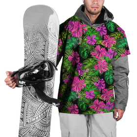 Накидка на куртку 3D с принтом Тропические листья и цветы на черном фоне в Кировске, 100% полиэстер |  | Тематика изображения на принте: tropics | tropics  plants | зеленый | листья | монстера | папоротник | розовый | тропические растения | цветы