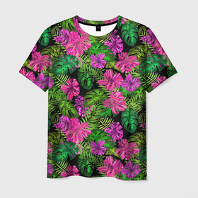Мужская футболка 3D с принтом Тропические листья и цветы на черном фоне в Белгороде, 100% полиэфир | прямой крой, круглый вырез горловины, длина до линии бедер | tropics | tropics  plants | зеленый | листья | монстера | папоротник | розовый | тропические растения | цветы