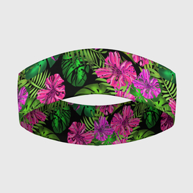 Повязка на голову 3D с принтом Тропические листья и цветы на черном фоне ,  |  | tropics | tropics  plants | зеленый | листья | монстера | папоротник | розовый | тропические растения | цветы