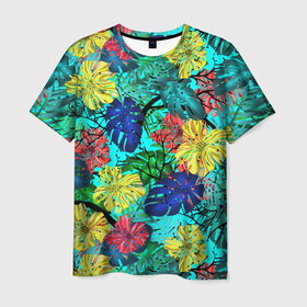 Мужская футболка 3D с принтом Тропические растения на бирюзовом фоне в Белгороде, 100% полиэфир | прямой крой, круглый вырез горловины, длина до линии бедер | tropics | tropics  plants | желтые цветы | листья | листья монстеры | монстера | пальмовые листья | синие цветы