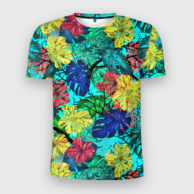 Мужская футболка 3D Slim с принтом Тропические растения на бирюзовом фоне в Курске, 100% полиэстер с улучшенными характеристиками | приталенный силуэт, круглая горловина, широкие плечи, сужается к линии бедра | tropics | tropics  plants | желтые цветы | листья | листья монстеры | монстера | пальмовые листья | синие цветы