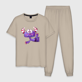 Мужская пижама хлопок с принтом маленький фиолетовый монстр с рожками в Белгороде, 100% хлопок | брюки и футболка прямого кроя, без карманов, на брюках мягкая резинка на поясе и по низу штанин
 | детский | монстр | монстрик | рога | рожки | человечек