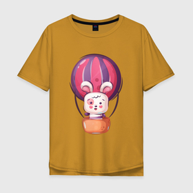 Мужская футболка хлопок Oversize с принтом зайка на воздушном шаре в Белгороде, 100% хлопок | свободный крой, круглый ворот, “спинка” длиннее передней части | воздушный шар | зайка | зайчик | зайчонок | заяц | полет | шар