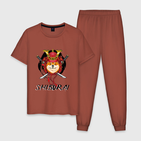 Мужская пижама хлопок с принтом Shiburai в Санкт-Петербурге, 100% хлопок | брюки и футболка прямого кроя, без карманов, на брюках мягкая резинка на поясе и по низу штанин
 | Тематика изображения на принте: japan | samurai | shiba | shiba inu | самурай | сиба | сиба ину | япония