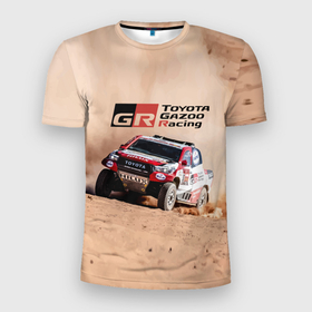 Мужская футболка 3D Slim с принтом Toyota Gazoo Racing   Desert   Rally в Екатеринбурге, 100% полиэстер с улучшенными характеристиками | приталенный силуэт, круглая горловина, широкие плечи, сужается к линии бедра | car | competition | off road vehicle | racing | rally | toyota | автомобиль | внедорожник | гонка | пустыня | ралли | соревнование | тойота