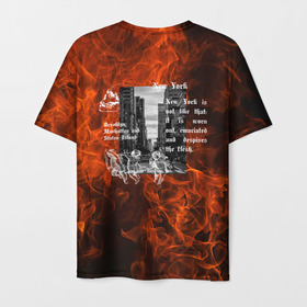 Мужская футболка 3D с принтом New York,  дизайн в готическом стииле с огнем и ангелами , 100% полиэфир | прямой крой, круглый вырез горловины, длина до линии бедер | burn | new york | usa | америка | американский дизайн | ангелы | горение | готика | готический текст | готический шрифт | мистика | нью йорк | огонь | пламя | сша | текст в готическом стиле | череп | черный фон