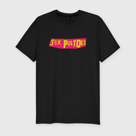 Мужская футболка хлопок Slim с принтом Sex Pistols | Yellow Pink Logo в Петрозаводске, 92% хлопок, 8% лайкра | приталенный силуэт, круглый вырез ворота, длина до линии бедра, короткий рукав | emblem | logo | rock | stephen philip | лого | логотип | музыка | панк рок | рок | эмблема
