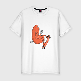 Мужская футболка хлопок Slim с принтом HOT DOG ON A SKATEBOARD в Санкт-Петербурге, 92% хлопок, 8% лайкра | приталенный силуэт, круглый вырез ворота, длина до линии бедра, короткий рукав | доска | забавный | милый | скейтборд | сосиска в тесте | хот дог